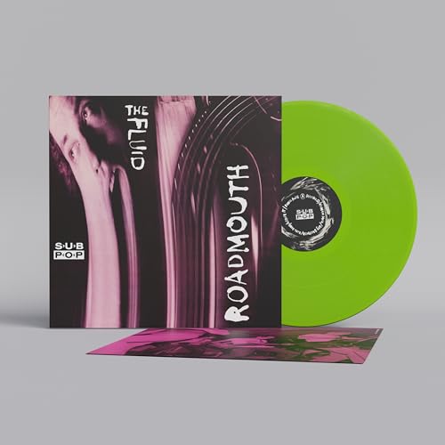 Vinyl record of Fluid’s “Roadmouth” with green disc and pink cover.