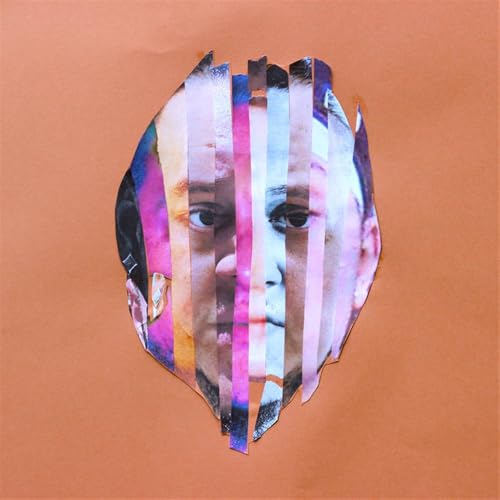 Album cover featuring a portrait with vertically striped, torn paper effect.