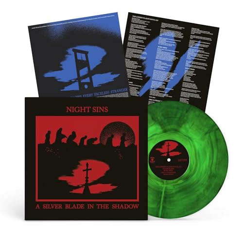Vinyl record with green/black swirl, red cover art with silhouetted figures.