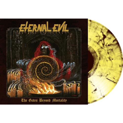 Metal album cover with hooded figure and yellow swirl vinyl record.