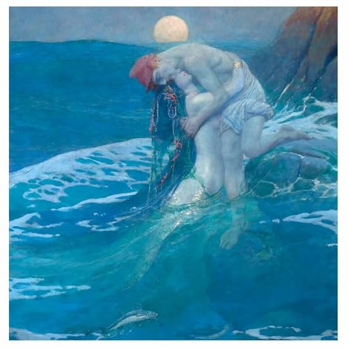Painting of embracing figures emerging from a turbulent, blue sea.