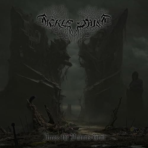 Dark album cover for Sickle Of Dust, featuring rocky cliffs and a lone figure.