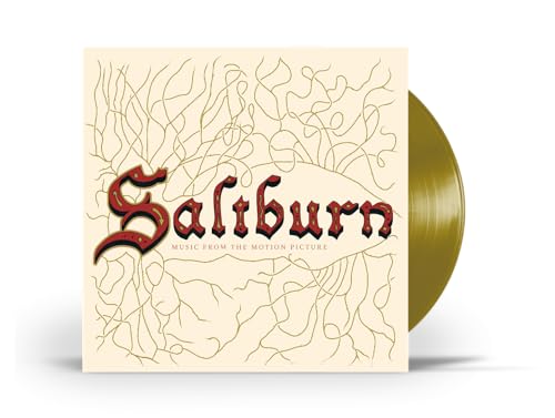 “Saltburn” soundtrack vinyl record with ornate gold lettering and design.