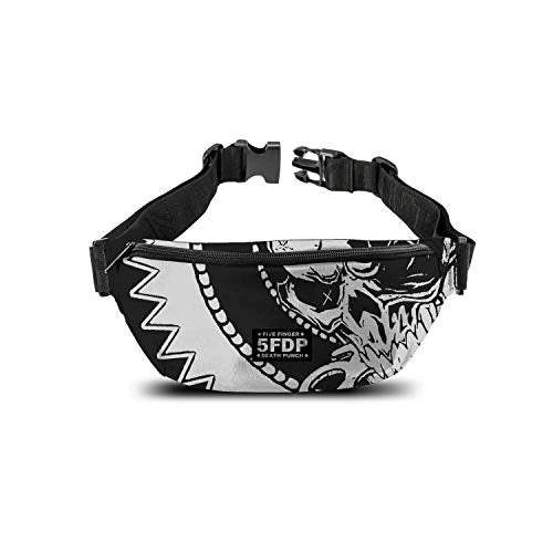 Black and white bum bag with a skull and band logo.