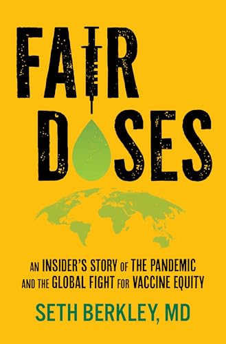 Book cover: "Fair Doses" with syringe, droplet, and world map imagery.