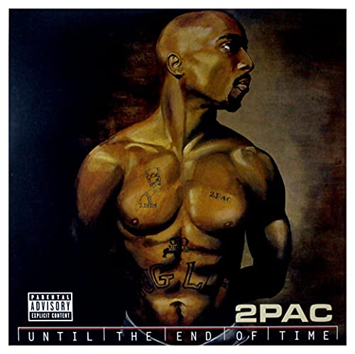 2Pac album cover, painting of a shirtless man with tattoos, dark background.