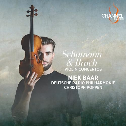 CD cover featuring a violinist with his instrument, text “Schumann & Bruch”.