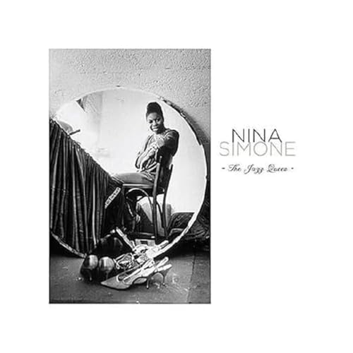 Black and white album cover featuring Nina Simone seated near shoes.