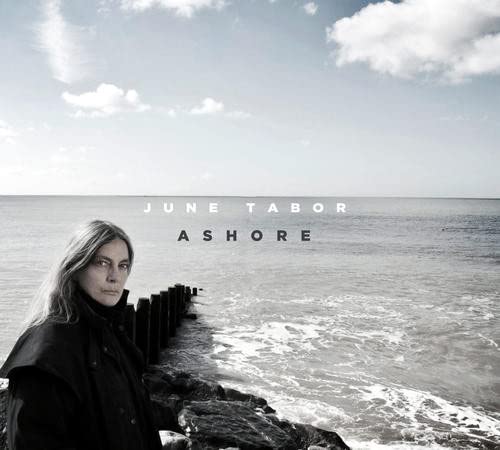 June Tabor “Ashore” CD cover: woman by a seascape and groynes.
