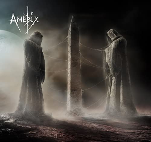 Dark album cover featuring hooded figures and a tall stone monolith.