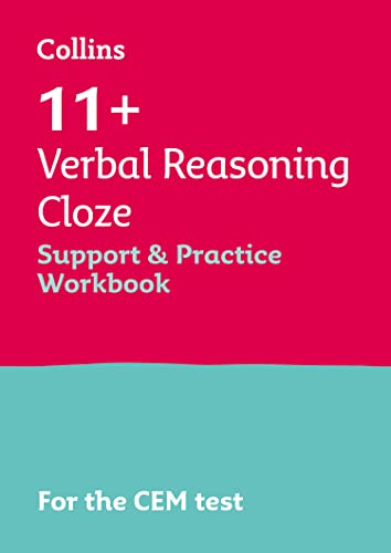 Red workbook cover with white text: "11+ Verbal Reasoning Cloze Support & Practice".