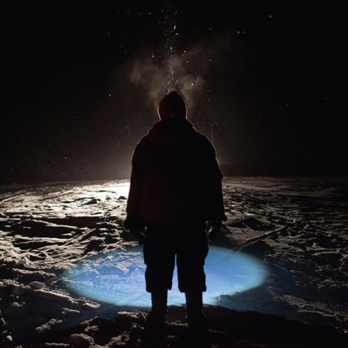 Silhouetted figure stands in a snowy landscape with a blue glow.
