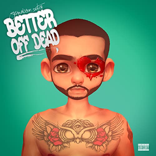 CD cover: Cartoon man with heart-shaped eye injury and chest tattoo.