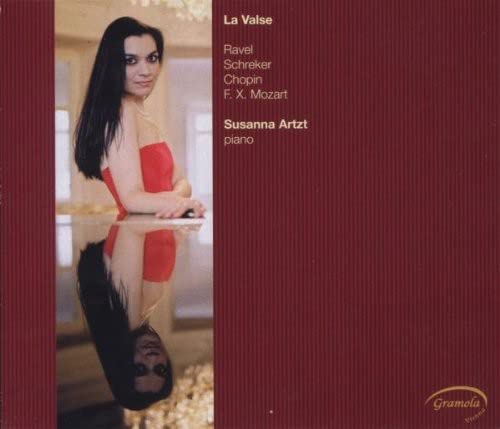 CD cover featuring pianist Susanna Artzt in a red dress, reflected in piano varnish.