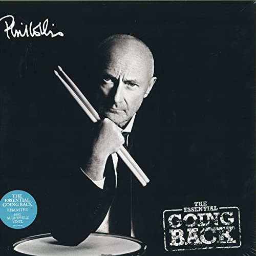 Phil Collins portrait on vinyl album cover, holding drumsticks.