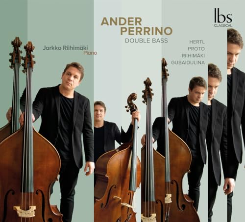 CD cover featuring musicians with double basses, in shades of green.