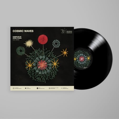 Black vinyl record with colorful floral cover art, “Cosmic Waves.”