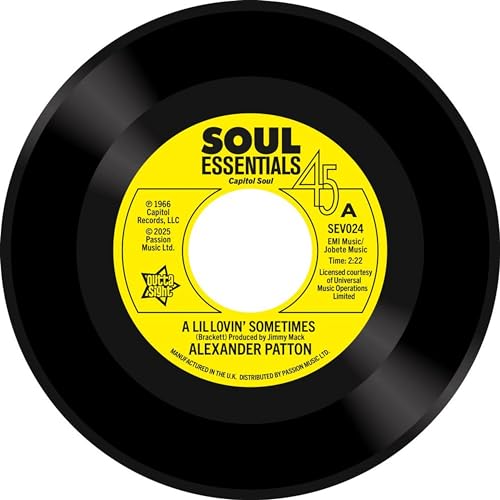 Black vinyl record with yellow label, text reading "A Lil Lovin' Sometimes" by Alexander Patton.
