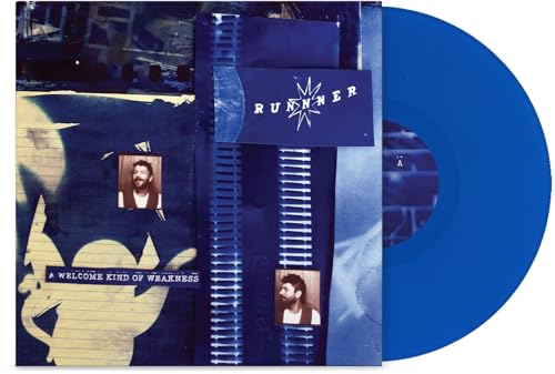 Blue vinyl record with album cover featuring collage and portrait.
