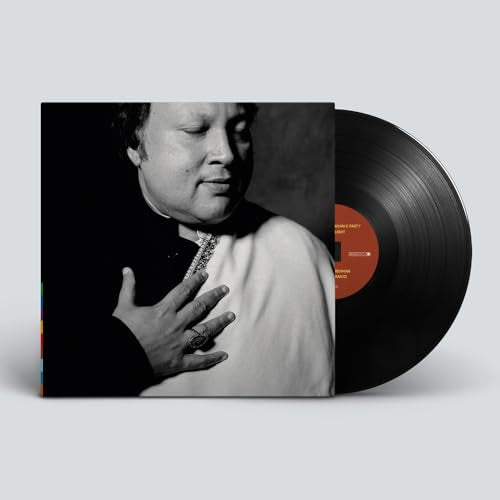 Black and white album cover of Nusrat Fateh Ali Khan next to a vinyl record.
