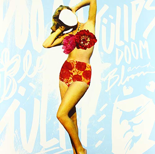 Collage of a woman in a swimsuit with floral accents, light blue background.