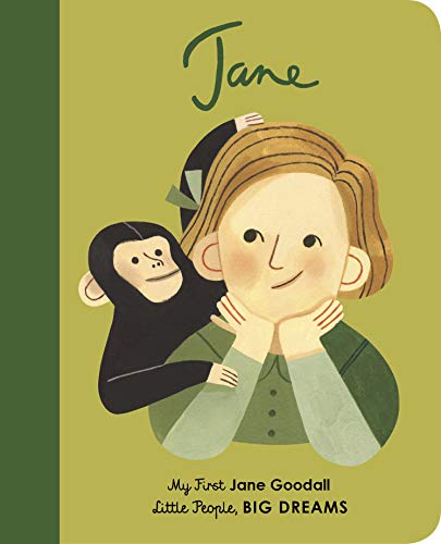 Board book cover depicting Jane Goodall with a chimpanzee.