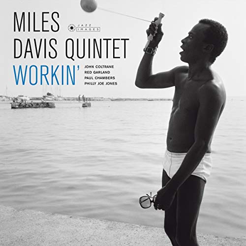 “Workin’” CD cover featuring Miles Davis and John Coltrane, black and white.