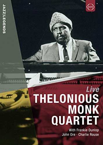 Thelonious Monk at a piano, DVD cover for a live jazz quartet performance.