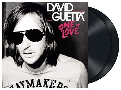 Black and white album cover featuring David Guetta with sunglasses next to vinyl records.
