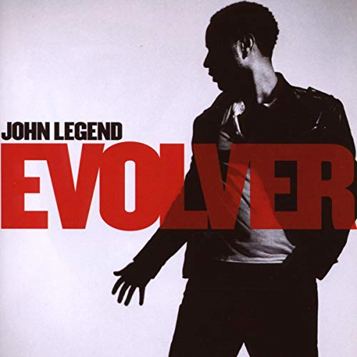 John Legend's "Evolver" CD cover featuring a portrait in grayscale and red text.