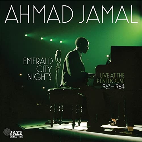 Ahmad Jamal at a piano with a microphone, album cover art.