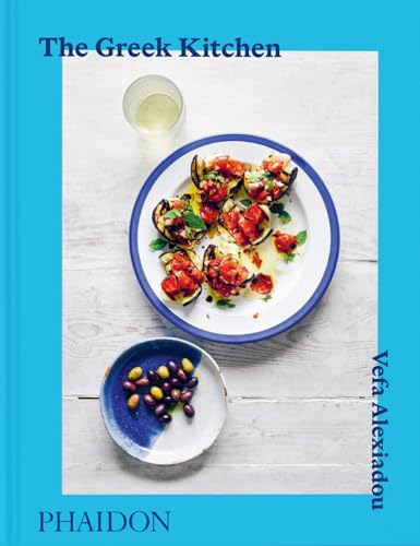 Cookbook cover titled The Greek Kitchen featuring a plate of eggplant and tomato dish.