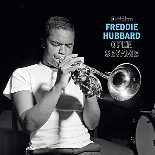 Freddie Hubbard playing trumpet, album cover for "Open Sesame.