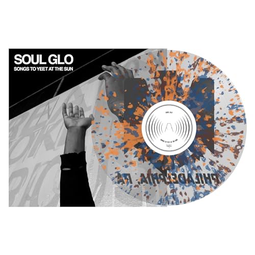 Vinyl record with splatter paint design and a hand reaching upwards.
