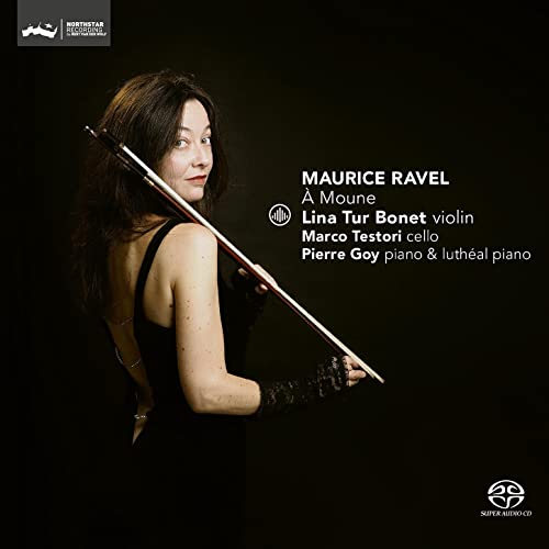 Woman holding a violin, CD cover for Ravel’s “À Moune.”