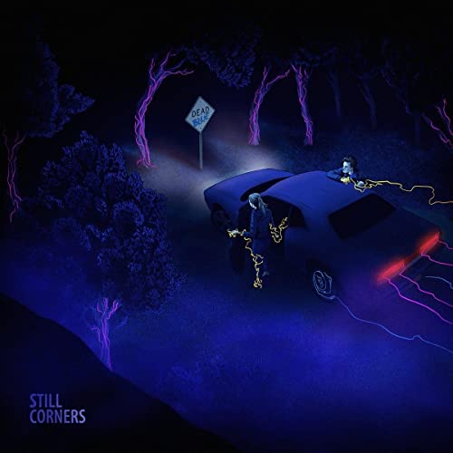 Dark blue album cover with a car, figures, and trees in a night scene.