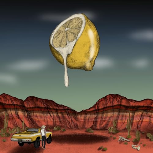Desert landscape with a large lemon and a person by a car.