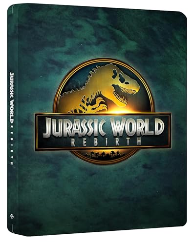 Steelbook Blu-ray case for "Jurassic World: Rebirth" featuring a T-Rex.