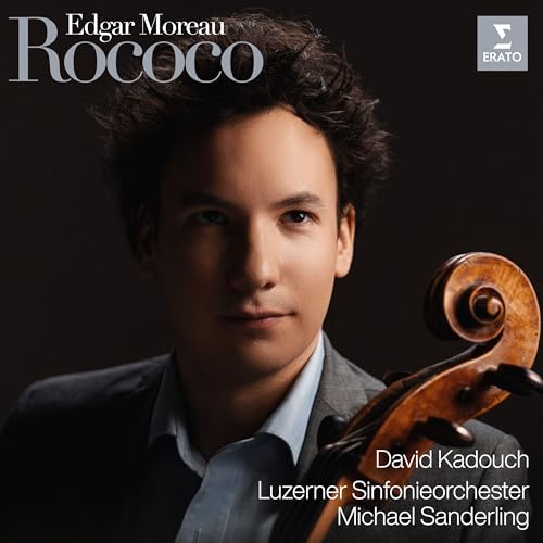 Close-up portrait of a cellist with his instrument, album cover art.
