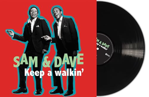 Sam & Dave album cover and turquoise vinyl record against red.
