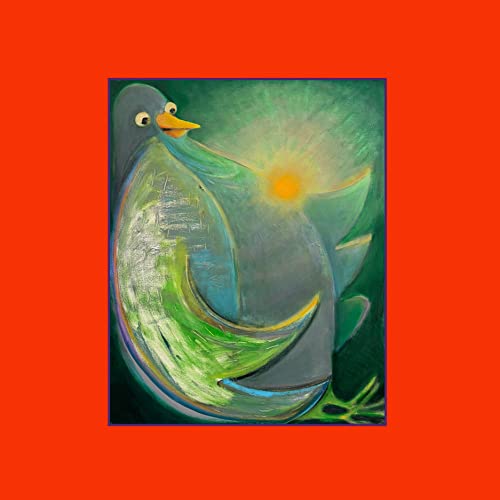 Painting of a stylized blue bird against a green background with a bright sun.