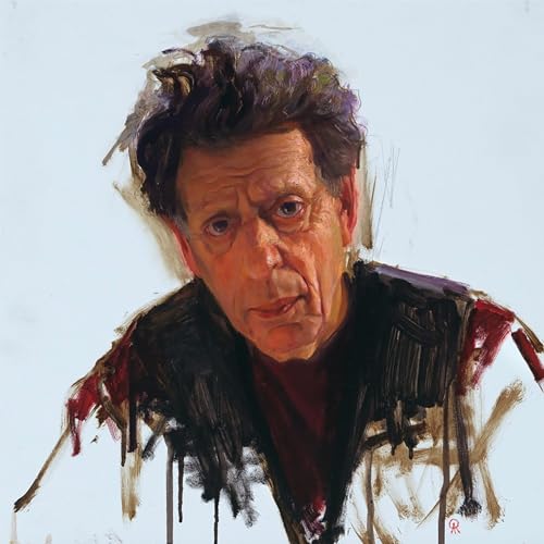 Painted portrait of composer Philip Glass with white brushstrokes.