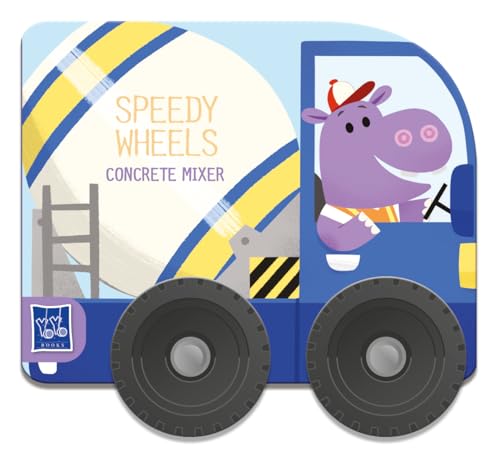 Cartoon concrete mixer truck with a purple hippopotamus driver.