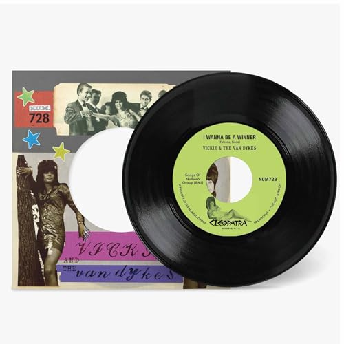 Black vinyl record with green label and illustrated record sleeve.