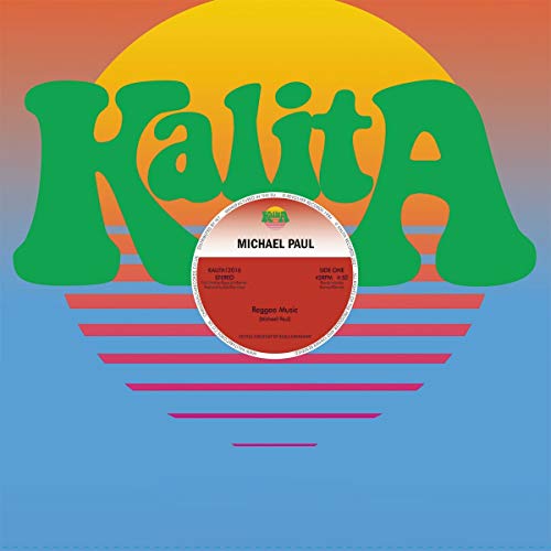Vinyl record label for Michael Paul’s “Reggae Music” with sunset graphic.