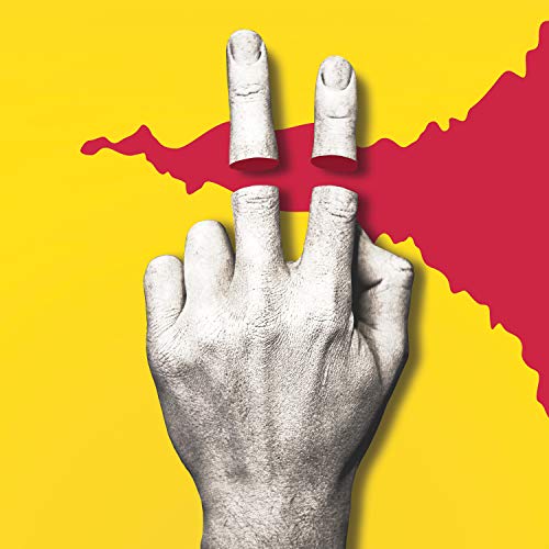 Hand with extended fingers against a yellow and red abstract background.