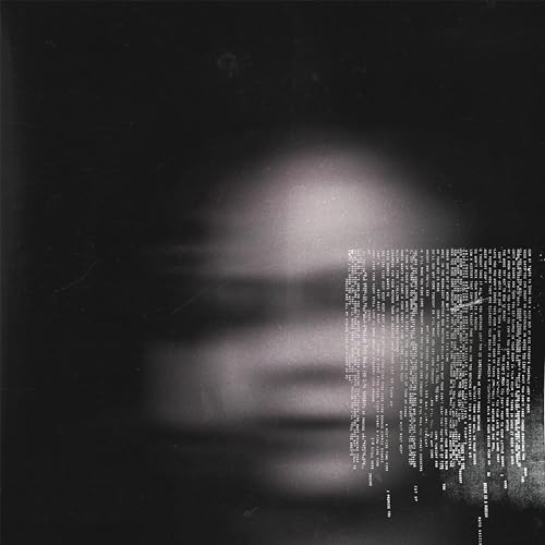 Black and white abstract vinyl record cover with blurred shapes and text.