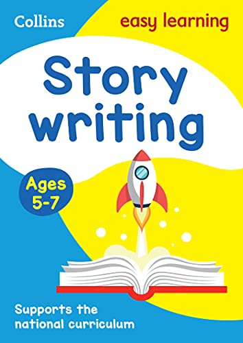 Book cover: "Story Writing" with rocket, open book, for ages 5-7.