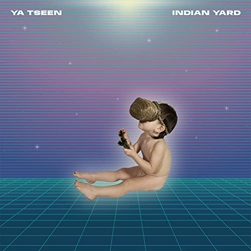 Album cover: child with plant on head, retro blue grid background.