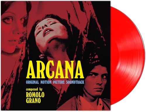 Red vinyl record and album cover featuring faces, text “Arcana”.